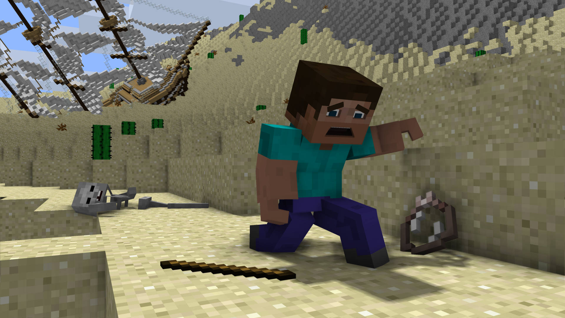 電玩遊戲 桌布 壁紙 — 一個像素化的Minecraft角色在沙漠生物群落中，靠近一艘沉船和散落的物品，表現出驚訝的反應。