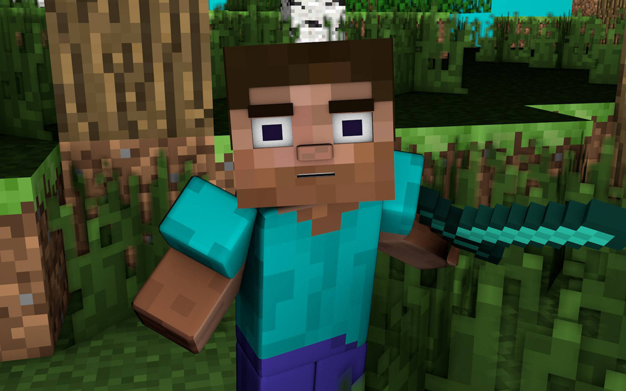 我的世界 史蒂夫 桌布 壁紙 — 一個像素化的Minecraft角色，棕色頭髮和鬍子，在草地森林生物群落中手持鑽石劍。