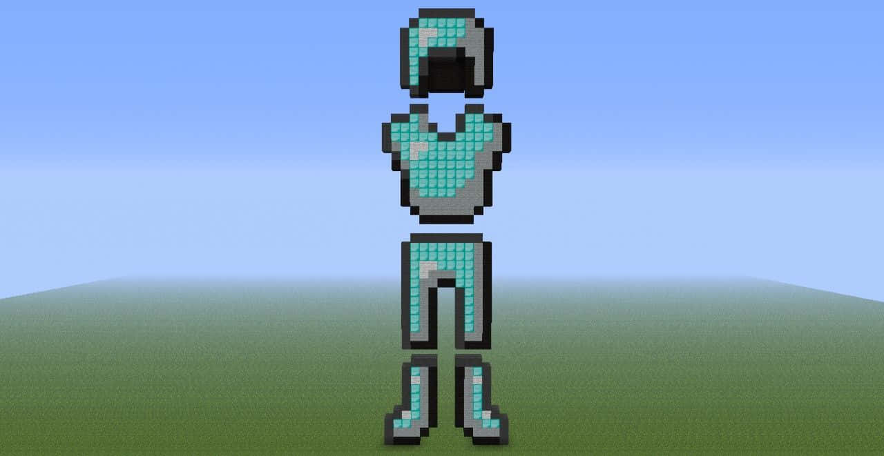 Minecraft Armor 桌布 壁紙 — 一個像素化的Minecraft角色穿著青色盔甲，站在晴朗藍天下的草地上。