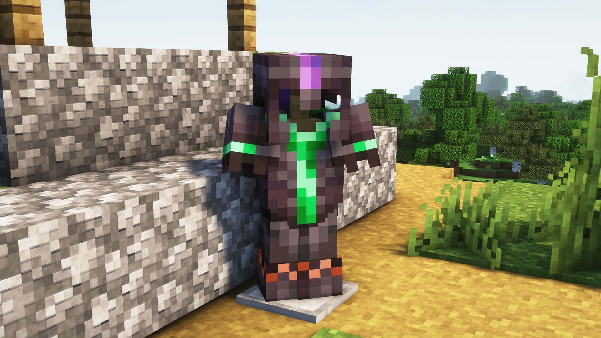 Minecraft Armor 桌布 壁紙 — 一個像素化的Minecraft角色，穿著發光的綠色盔甲，站在一個方塊森林生物群系的石牆旁邊。