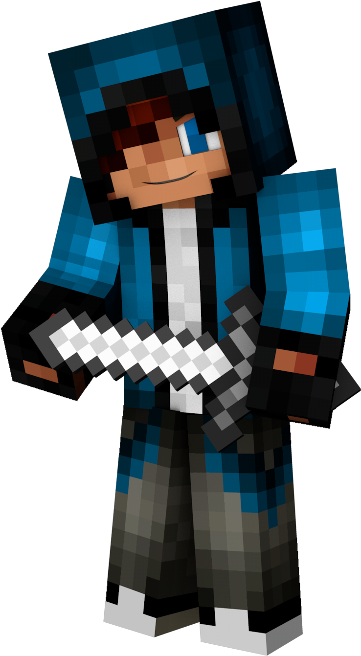 Minecraft Character 桌布 壁紙 — 一個像素化的Minecraft角色，藍色頭髮，手持方格劍，站在黑色背景前。