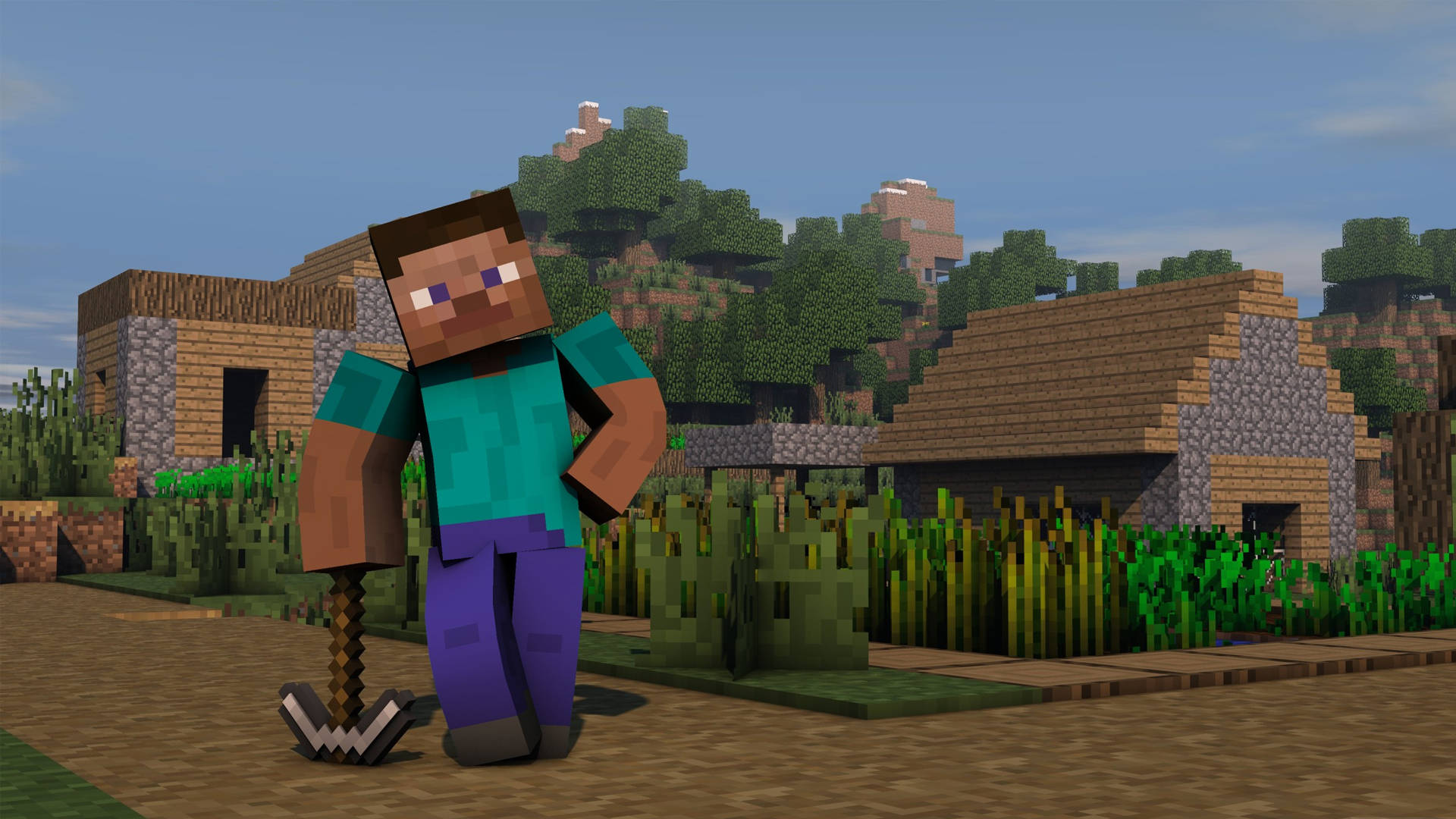 高清 桌布 壁紙 — 一個像素化的Minecraft角色站在一個村莊中，村莊有方塊狀的房屋和綠植，背景是清澈的藍天。