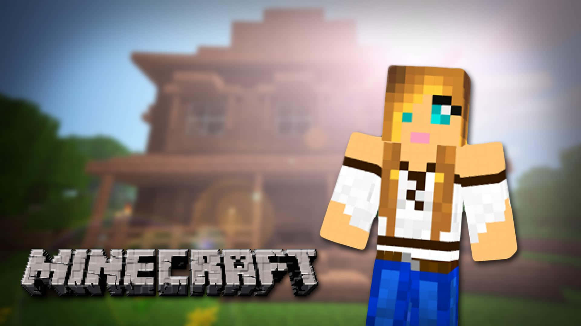 Cute Minecraft 桌布 壁紙 — 一個像素化的Minecraft角色，金髮藍眼，站在一個方塊景觀中的木屋前。