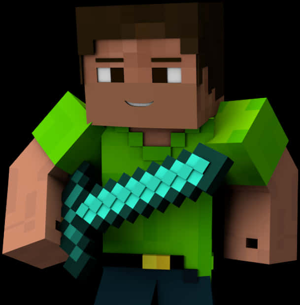 Minecraft Character 桌布 壁紙 — 一個像素化的Minecraft角色，棕色頭髮，綠色襯衫，在黑色背景上拿著一把發光的鑽石劍。