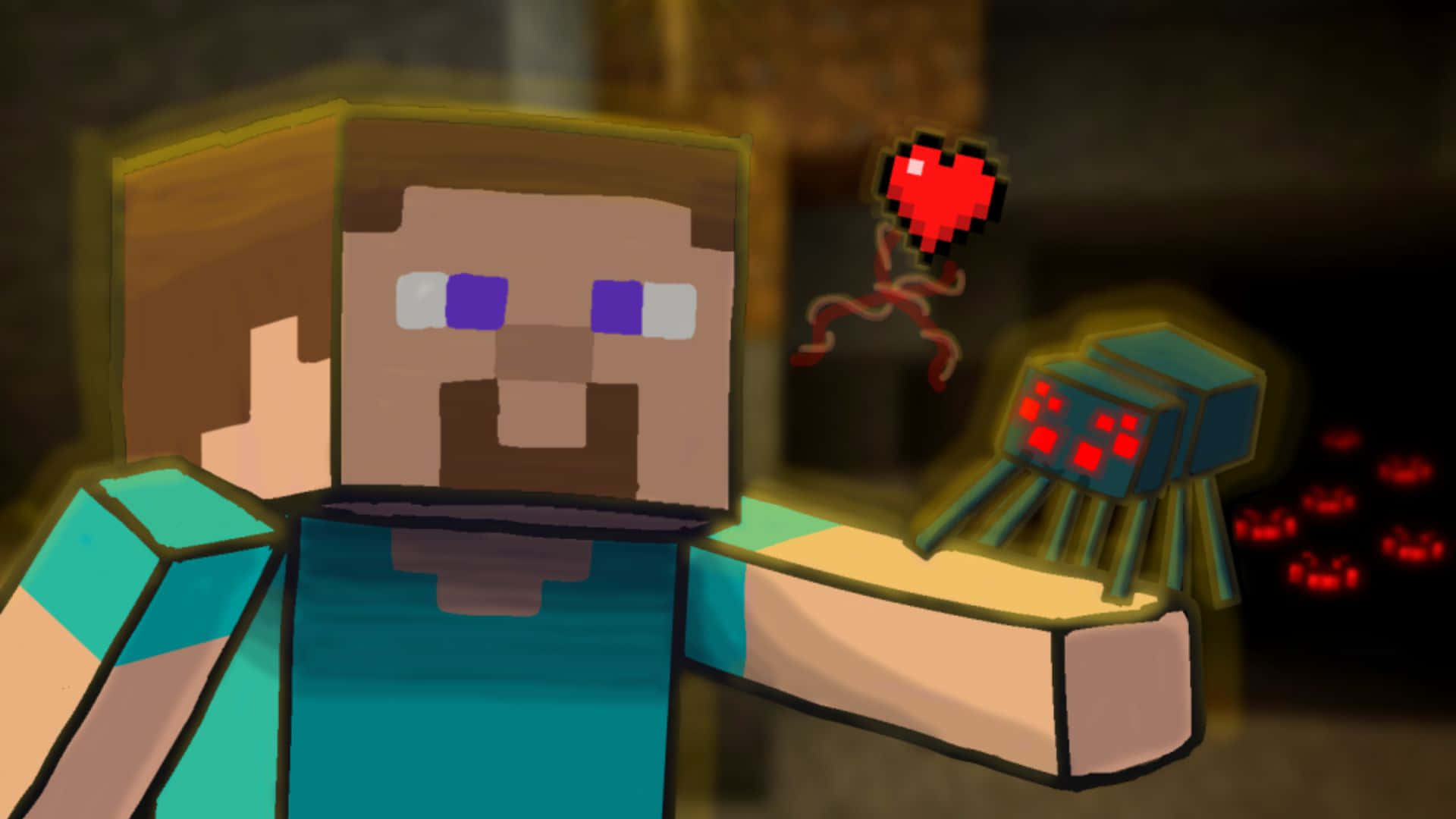 Minecraft Spider 桌布 壁紙 — 一個像素化的Minecraft角色在昏暗的地牢中拿著一隻帶有漂浮紅心的蜘蛛。