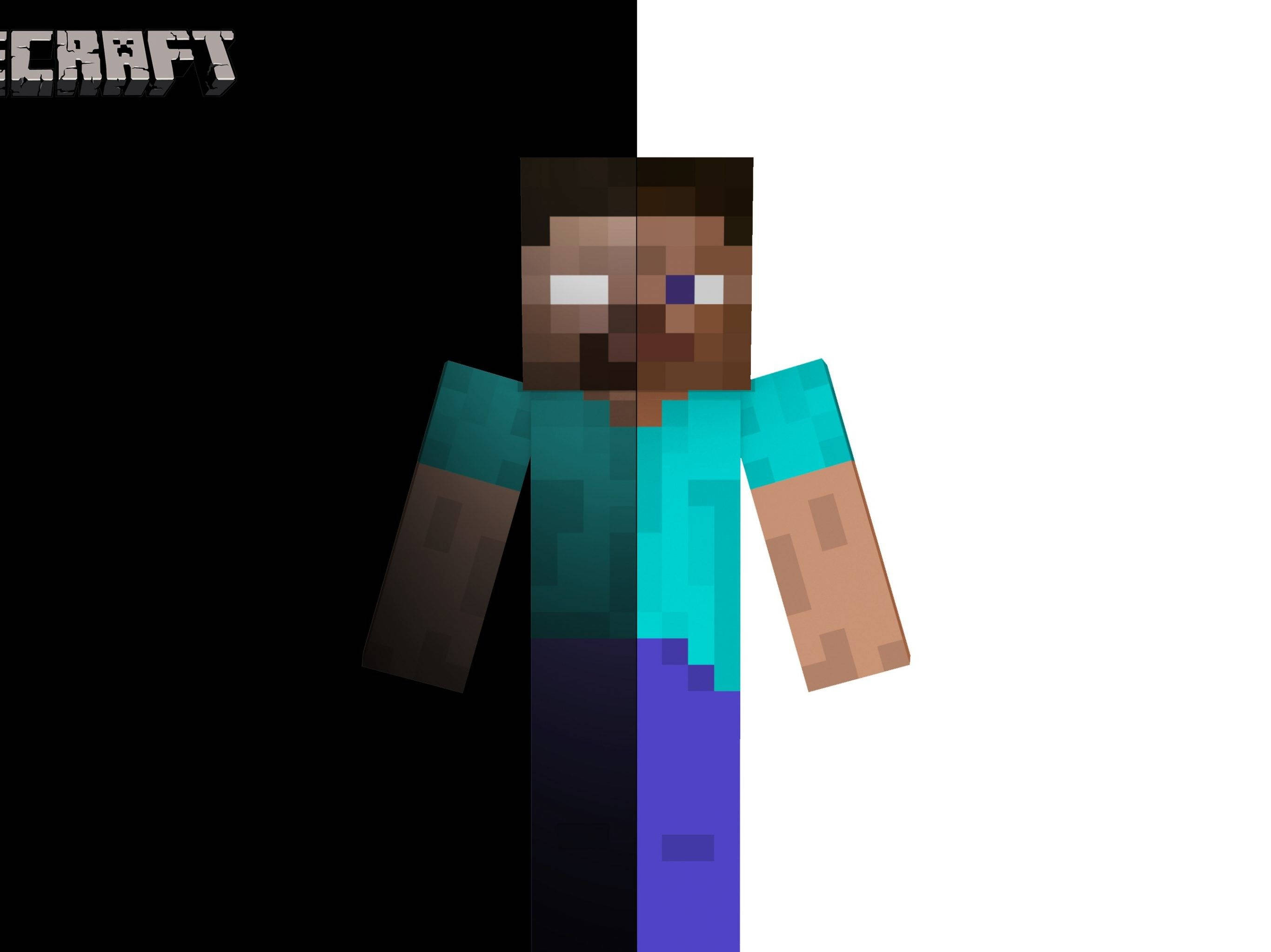 我的世界 史蒂夫 桌布 壁紙 — 一個像素化的Minecraft角色垂直分割，左側黑色，右側白色，穿著青綠色襯衫和紫色褲子。