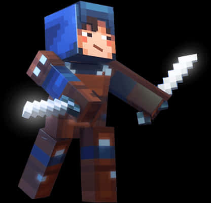 Minecraft Character 桌布 壁紙 — 一個像素化的Minecraft角色，藍色頭髮，在黑色背景上揮舞著兩把發光的劍。