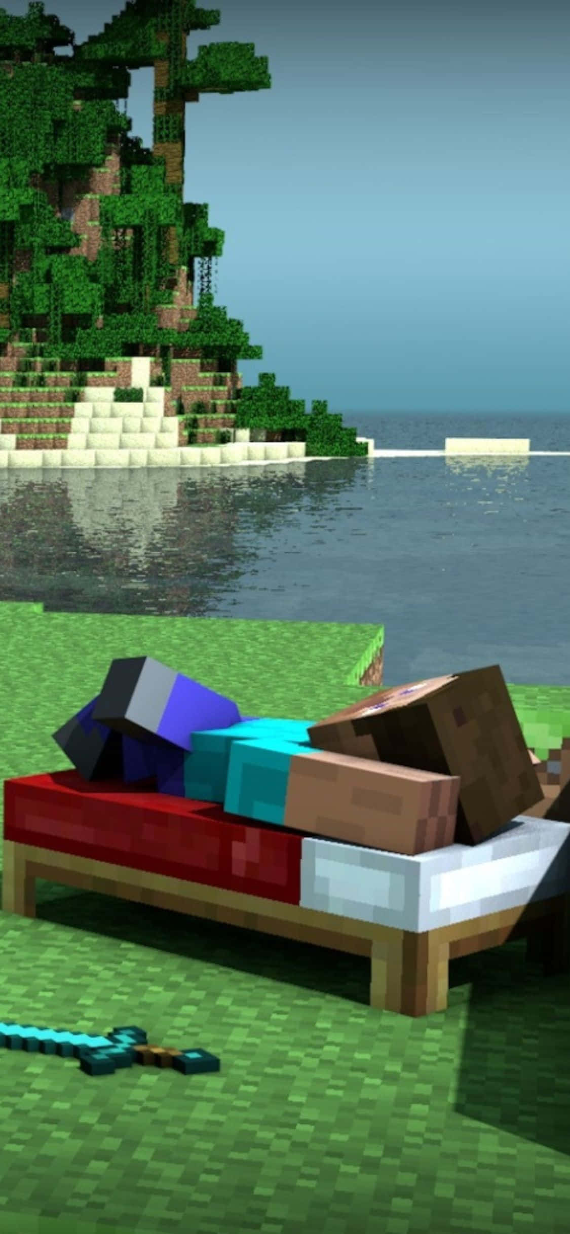 iPhone Xs Minecraft 桌布 壁紙 — 一個像素化的Minecraft角色在水邊的床上休息，背景是樹木覆蓋的懸崖。