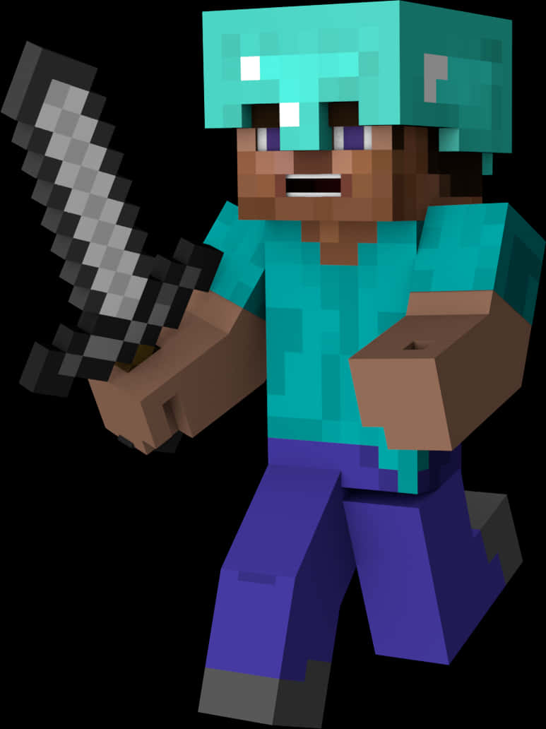 Minecraft Character 桌布 壁紙 — 一個像素化的Minecraft角色，身穿青綠色盔甲，在黑色背景前揮劍。