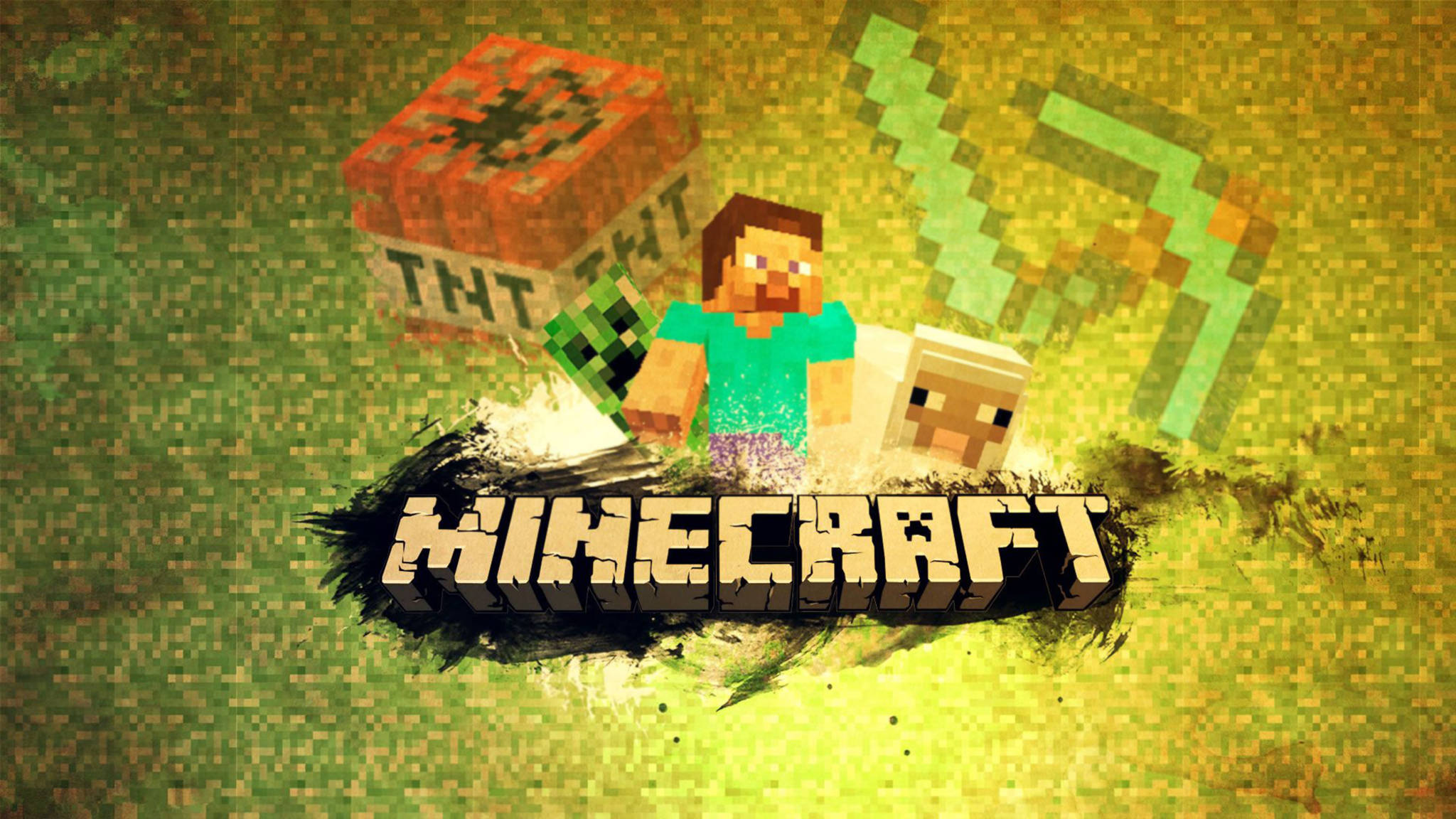 我的世界 史蒂夫 桌布 壁紙 — 一個像素化的Minecraft角色與一隻羊和一個TNT方塊站在有紋理的綠色背景前。