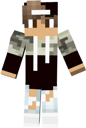 電玩遊戲 桌布 壁紙 — 一個像素化的Minecraft角色，棕色頭髮、白色頭帶和迷彩連帽衫，站在黑色背景前。