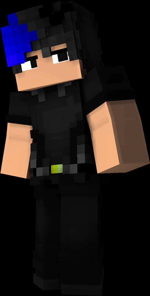 Minecraft Character 桌布 壁紙 — 一個像素化的Minecraft角色，黑色頭髮帶有藍色條紋和綠色腰帶，站在深色背景前。