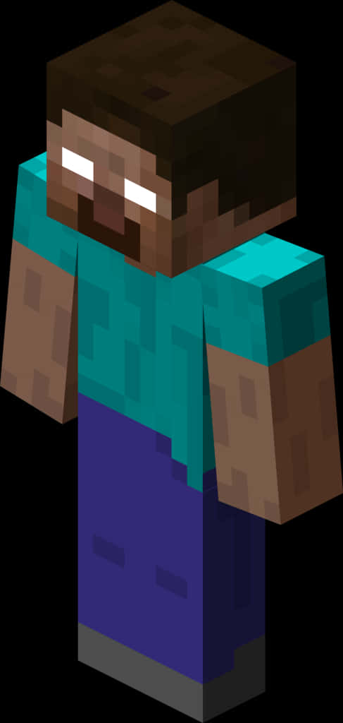 Minecraft Character 桌布 壁紙 — 一個像素化的Minecraft角色，棕色頭髮，發光的眼睛，穿著青綠色襯衫和藍色褲子，背景為黑色。