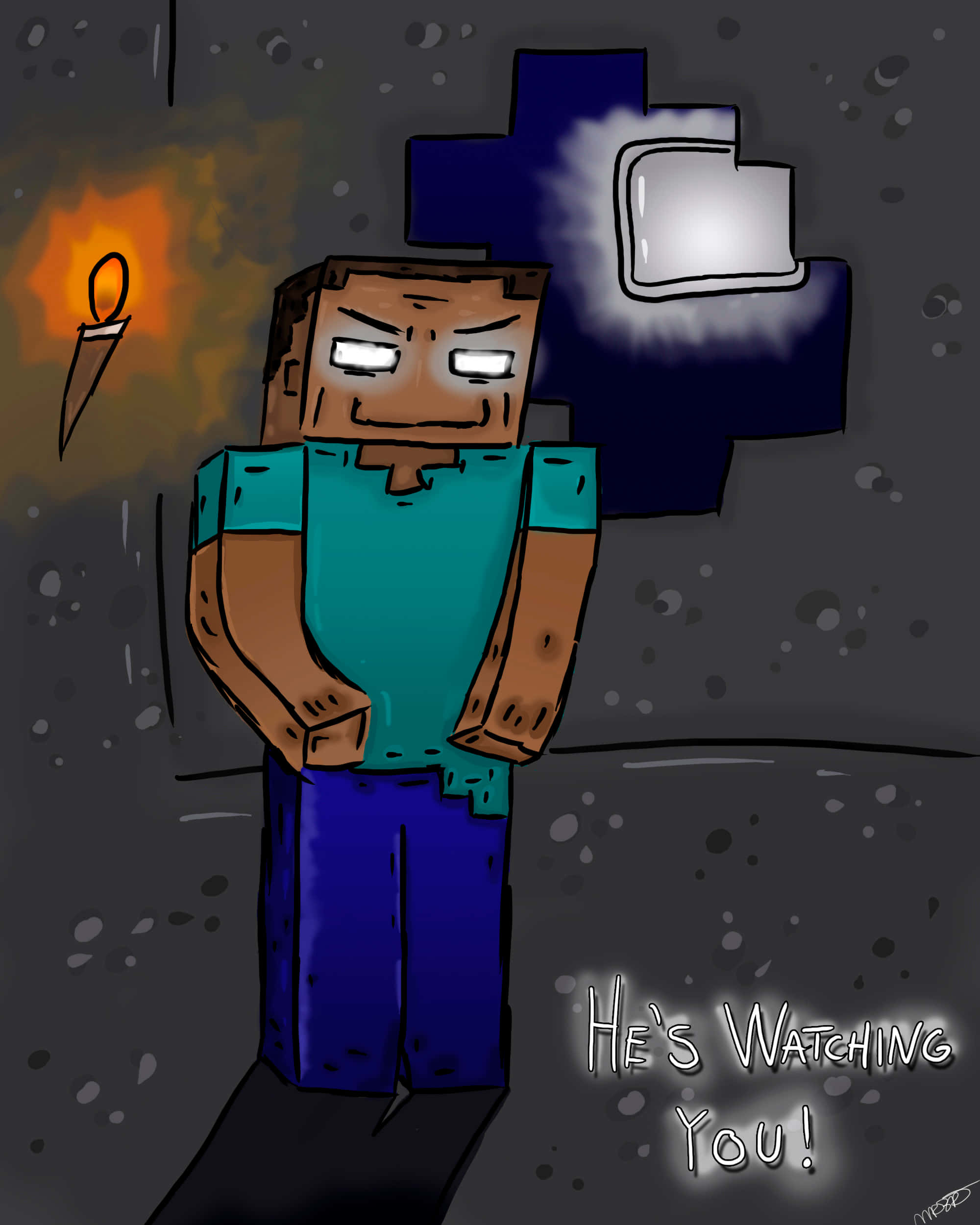Herobrine 桌布 壁紙 — 一個像素化的Minecraft角色，眼睛發光，在黑暗的洞穴中手持火炬和劍，威風凜凜地站立。