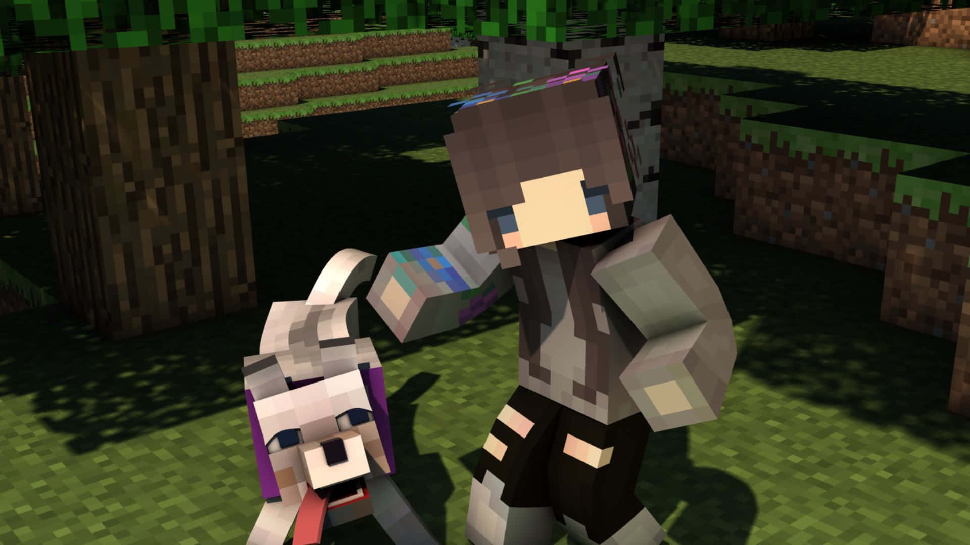 Minecraft Wolf 桌布 壁紙 — 一個像素化的Minecraft角色與狗同伴站在一個有樹木和草地的方塊森林中。
