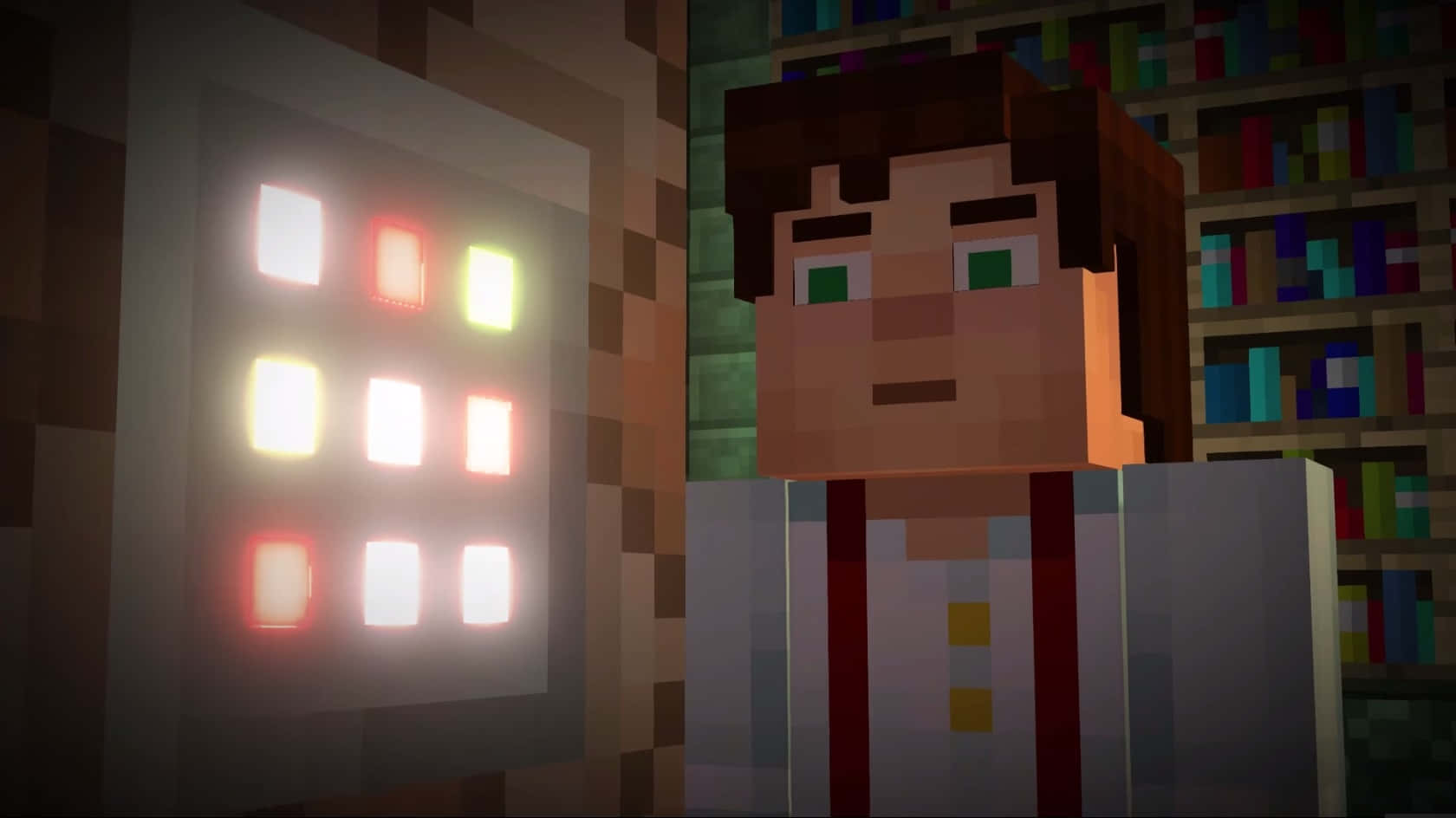Minecraft Story Mode 桌布 壁紙 — 一個像素化的Minecraft角色站在一個充滿書架的房間裡，旁邊是一個發光的紅色和白色按鈕面板。