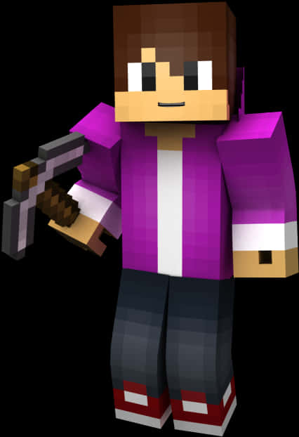 Minecraft Character 桌布 壁紙 — 一個像素化的Minecraft角色穿著紫色外套，在黑色背景前拿著鎬。