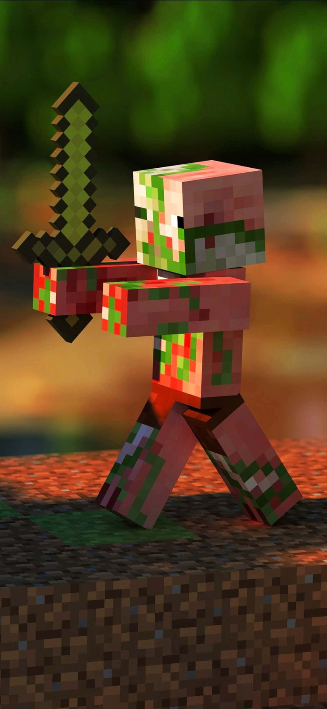 iPhone Xs Minecraft 桌布 壁紙 — 一個像素化的Minecraft角色，皮膚呈綠色和紅色，站在泥土方塊上，手持鑽石劍，背景是模糊的森林。