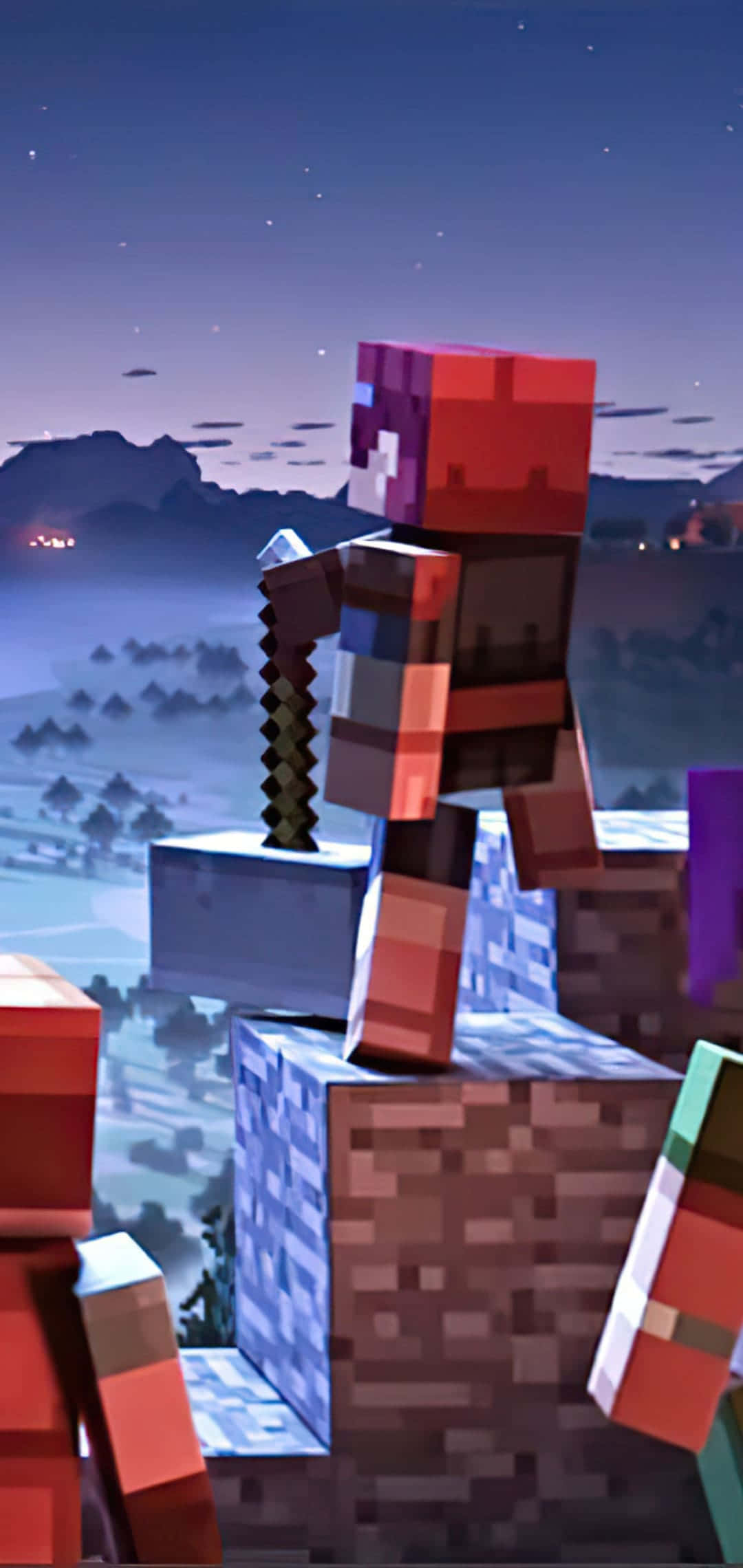 電玩遊戲 桌布 壁紙 — 一個像素化的Minecraft角色站在石塊上，俯瞰黃昏時霧氣瀰漫的山谷。