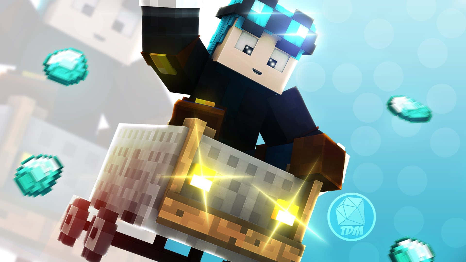 最佳我的世界 桌布 壁紙 — 一個像素化的Minecraft角色騎著發光的礦車穿過明亮的藍天，周圍漂浮著鑽石。