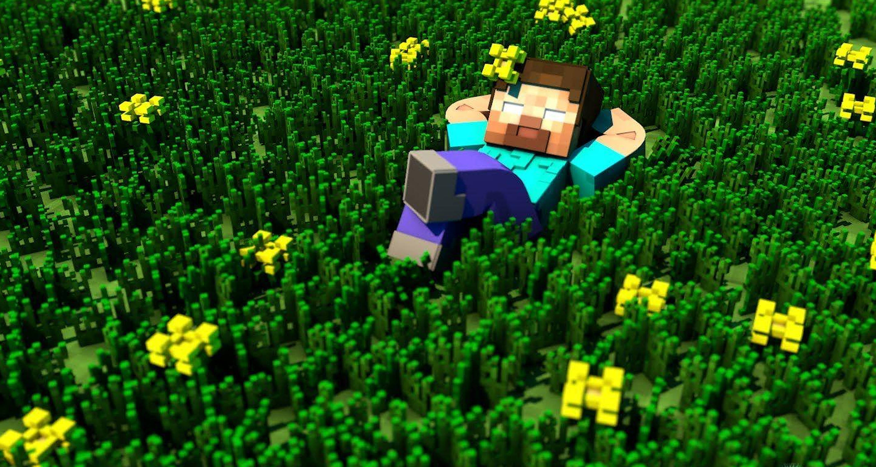 Herobrine 桌布 壁紙 — 一個像素化的Minecraft角色在綠草和黃花的田野中放鬆躺臥。