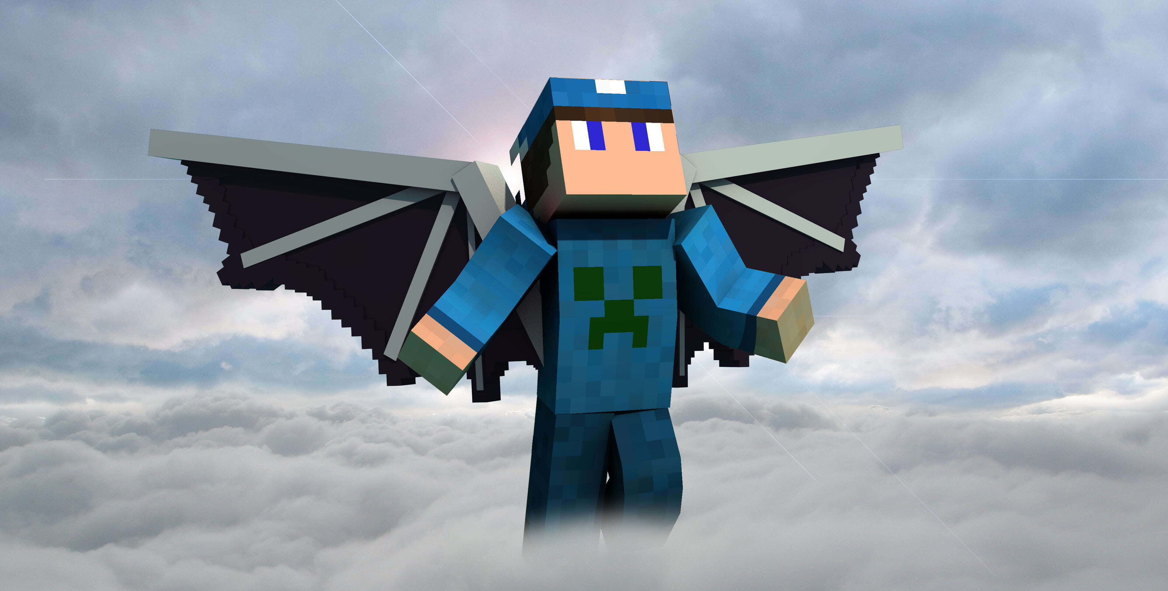 Minecraft Youtubers 桌布 壁紙 — 一個像素化的Minecraft角色，擁有蝙蝠翅膀，站在雲端上，背景是陰天。