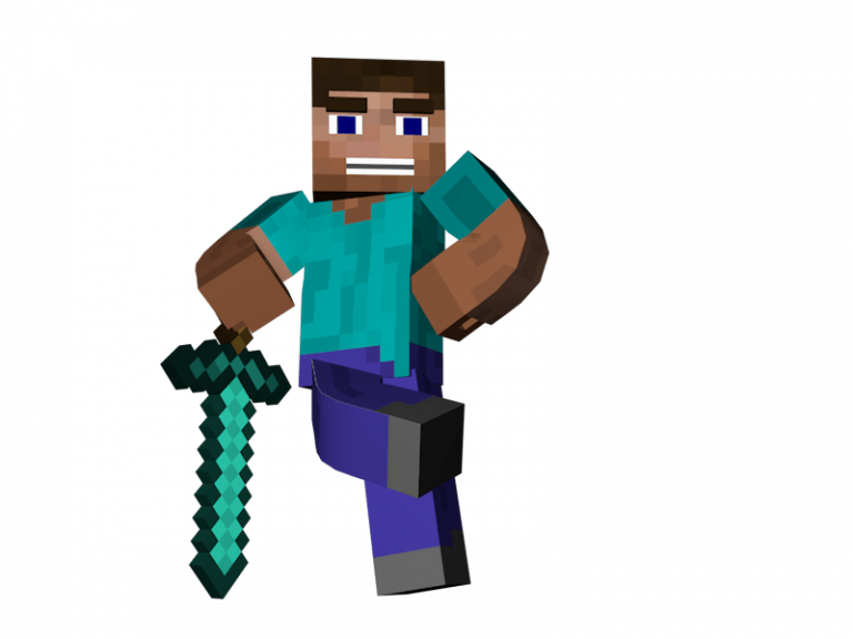 電玩遊戲 桌布 壁紙 — 一個像素化的Minecraft角色自信地站在黑色背景前，手持鑽石劍。