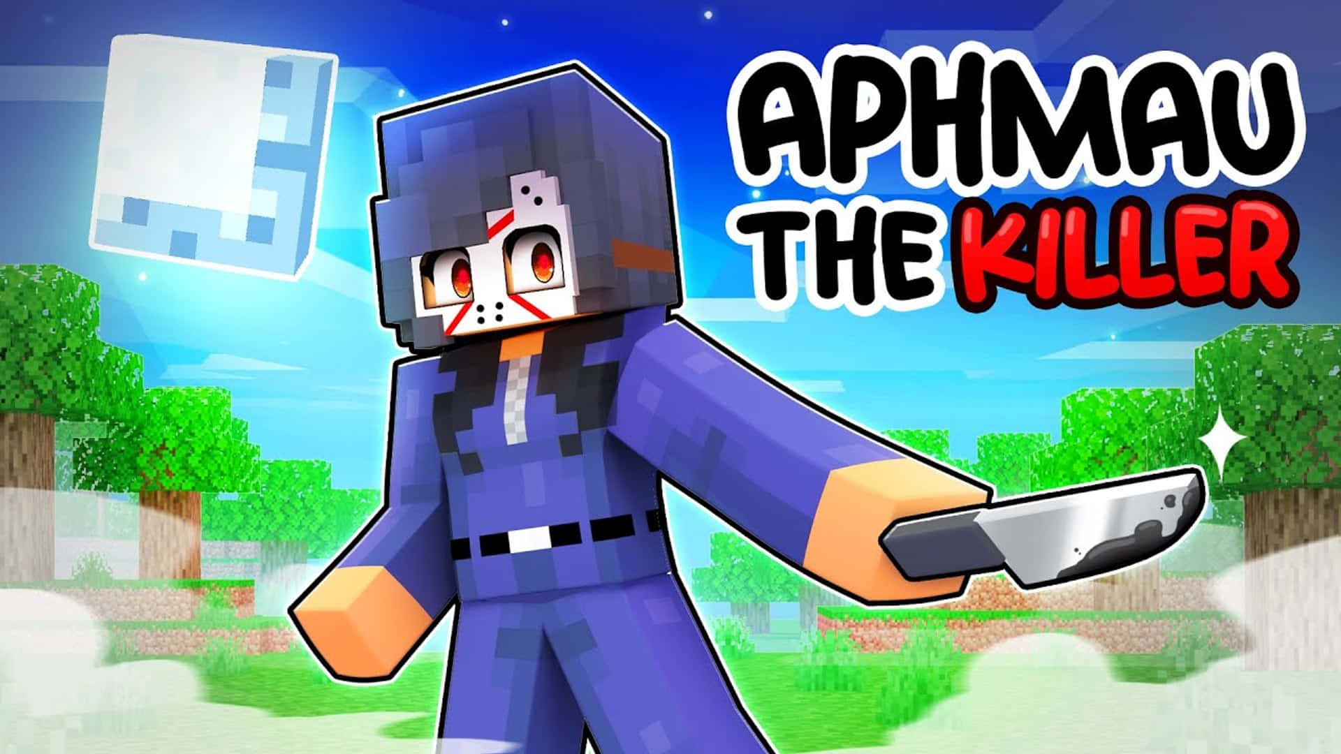 Aphmau 桌布 壁紙 — 一個像素化的Minecraft角色，戴著面具的臉和紅色眼睛，在藍天下的一片草地塊狀景觀中揮舞著刀。