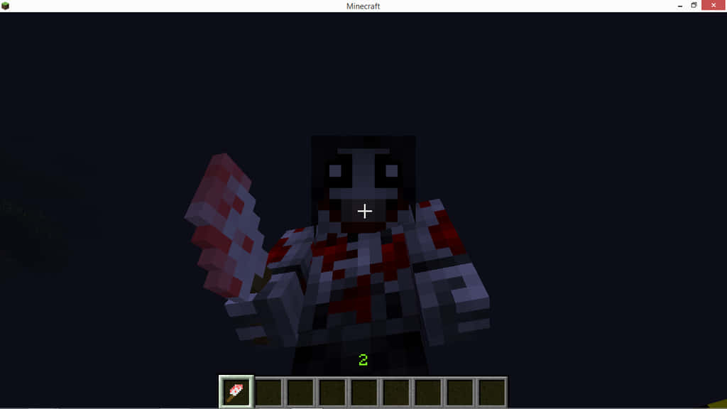 Jeff The Killer 桌布 壁紙 — 一個像素化的Minecraft角色穿著深色盔甲，在黑色背景前揮舞著一把紅白劍。