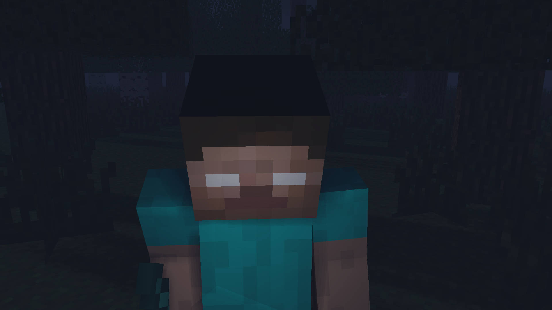 Herobrine 桌布 壁紙 — 一個像素化的Minecraft角色穿著青綠色襯衫，在夜晚的黑暗森林中站著，眼睛發光。