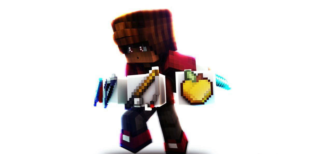 Minecraft Youtubers 桌布 壁紙 — 一個像素化的Minecraft角色在純白背景上手持劍和蘋果。