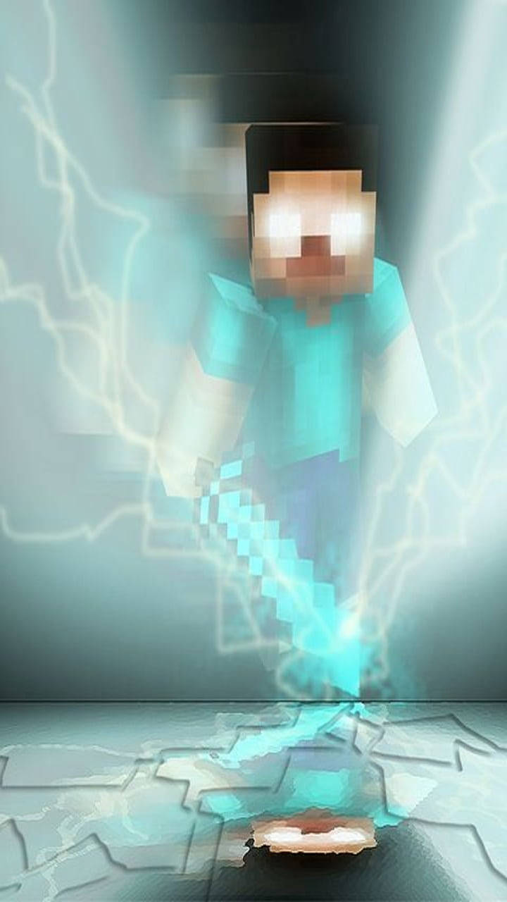 Herobrine 桌布 壁紙 — 一個像素化的Minecraft角色在碎裂的冰環境中，於劈啪作響的閃電中揮舞著一把發光的劍。