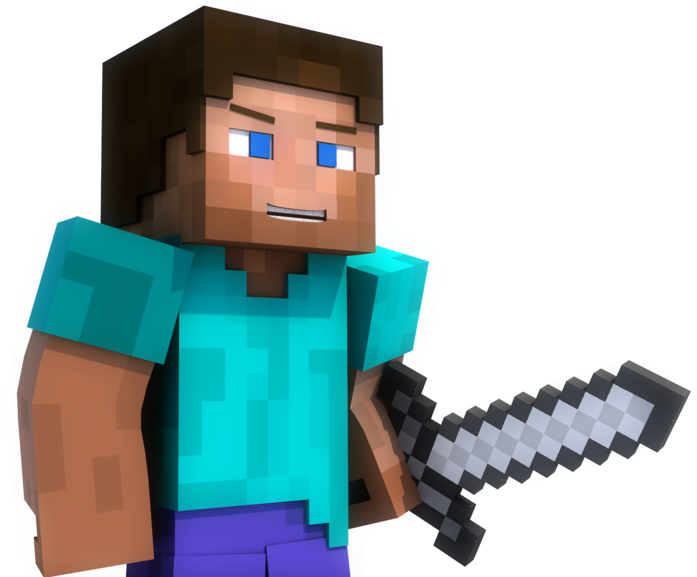 電玩遊戲 桌布 壁紙 — 一個像素化的Minecraft角色，棕色頭髮和藍色眼睛，在黑色背景前手持鑽石劍。