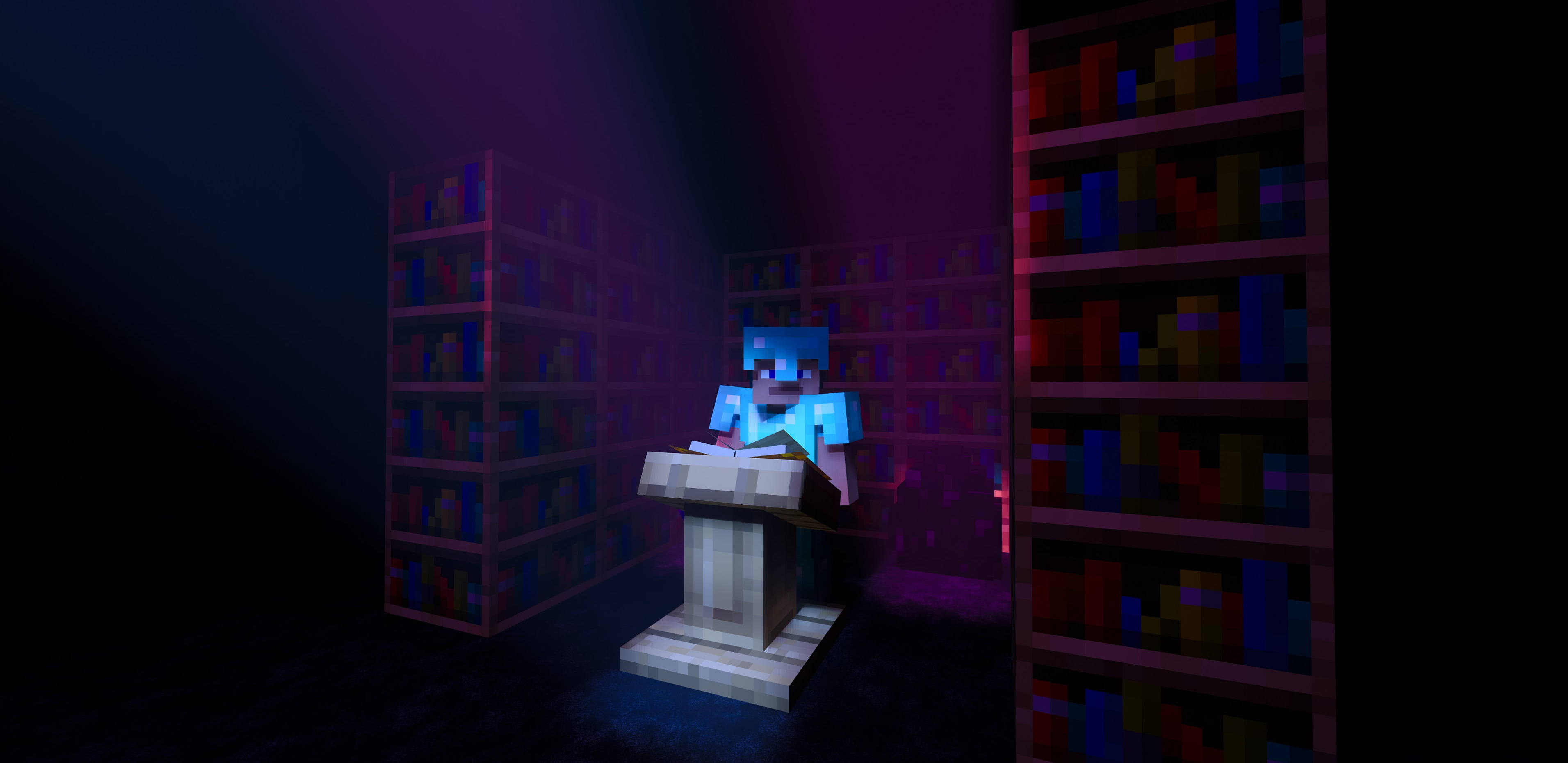 我的世界 史蒂夫 桌布 壁紙 — 一個像素化的Minecraft角色坐在一張石桌上，身處一個昏暗的圖書館，被紫色和紅色的燈光籠罩。