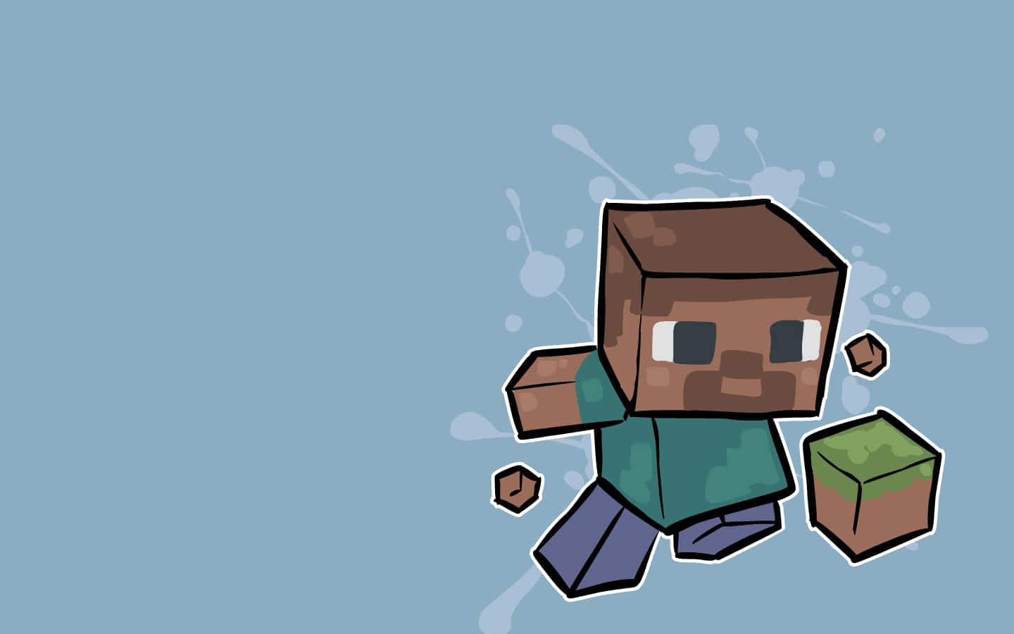 Cute Minecraft 桌布 壁紙 — 一個像素化的Minecraft角色，身穿綠色襯衫和紫色褲子，拿著草方塊和泥土塊，在帶有白色潑濺的淺藍色背景上奔跑。