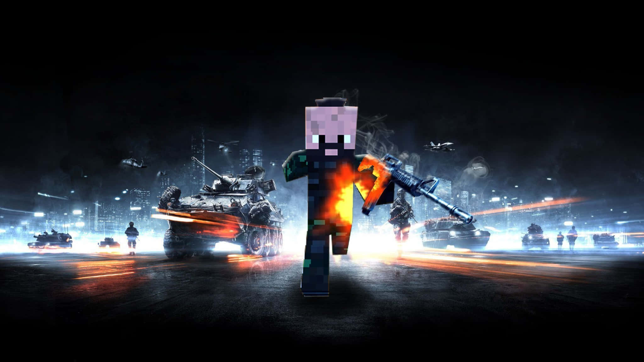 2048x1152 桌布 壁紙 — 一個像素化的Minecraft角色在黑暗的未來城市中挑釁地站立，坦克和車輛帶著火熱的痕跡在街道上轟炸。
