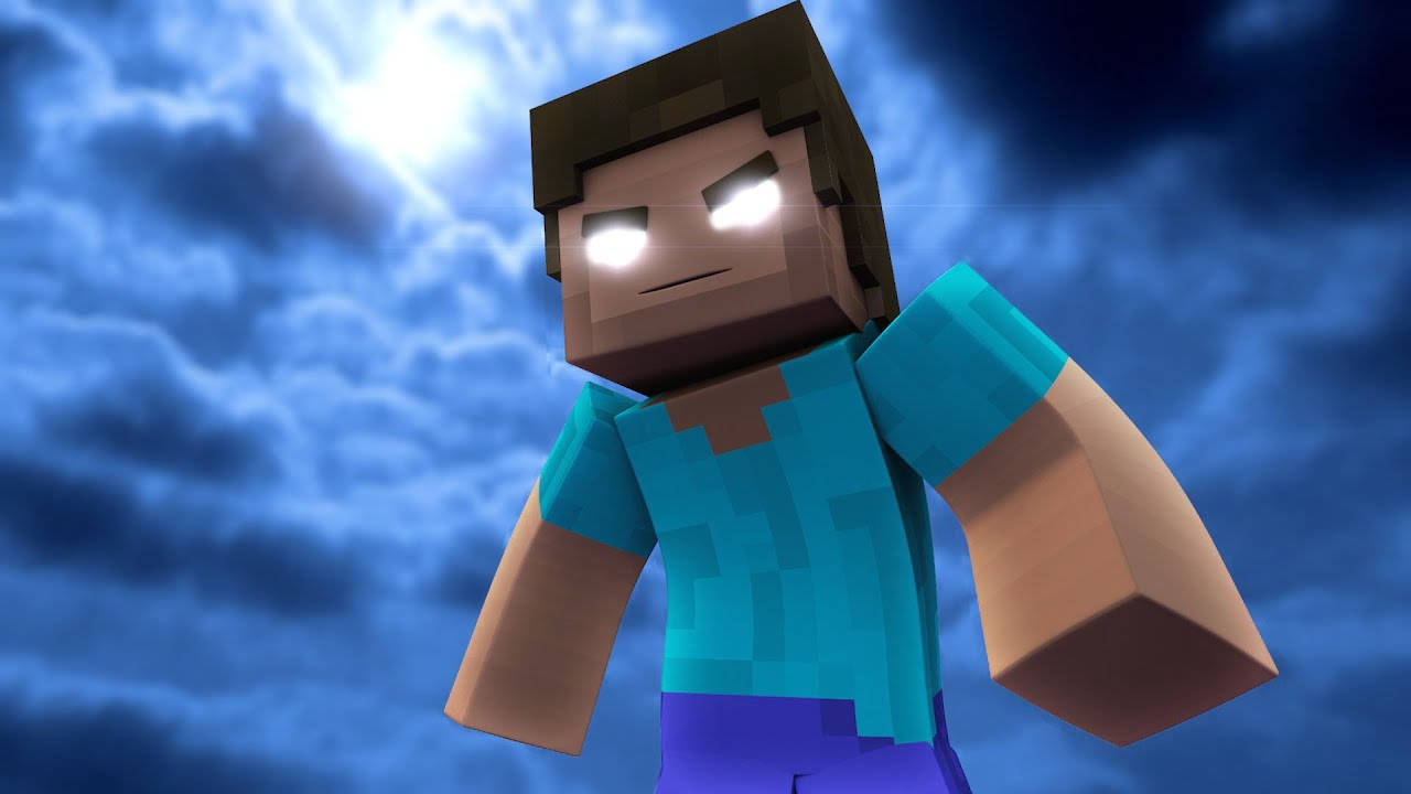 電玩遊戲 桌布 壁紙 — 一個像素化的Minecraft角色，眼睛發光，站在風暴般的藍天下，明亮的陽光從雲層中透出。