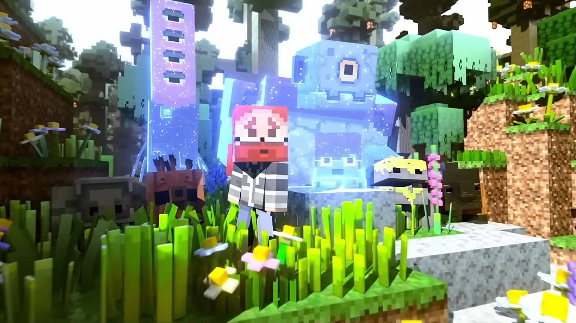 Minecraft角色在像素化草地上，有發光藍色結構和色彩繽紛的花朵。