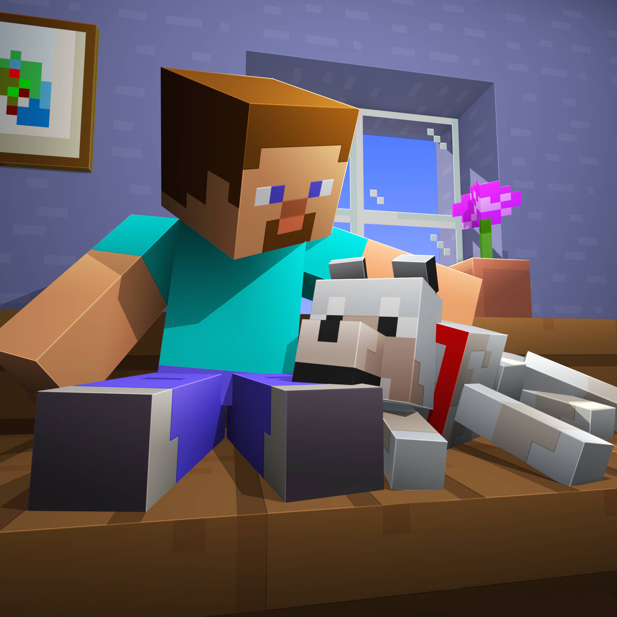我的世界 史蒂夫 桌布 壁紙 — 一個像素化的Minecraft角色坐在木地板上，在一個有窗戶和紫色花朵的舒適方塊房間裡抱著一隻羊。