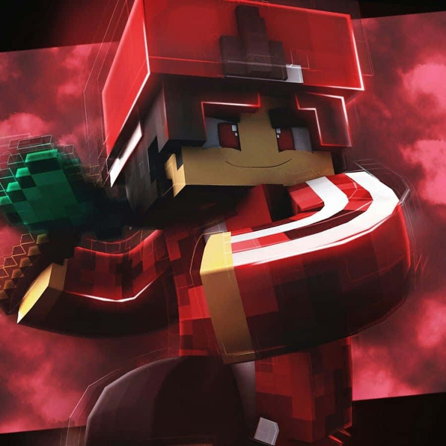 Minecraft Character 桌布 壁紙 — 一個像素化的Minecraft角色穿著紅色盔甲，在火紅的天空下揮舞著綠色鎬子。