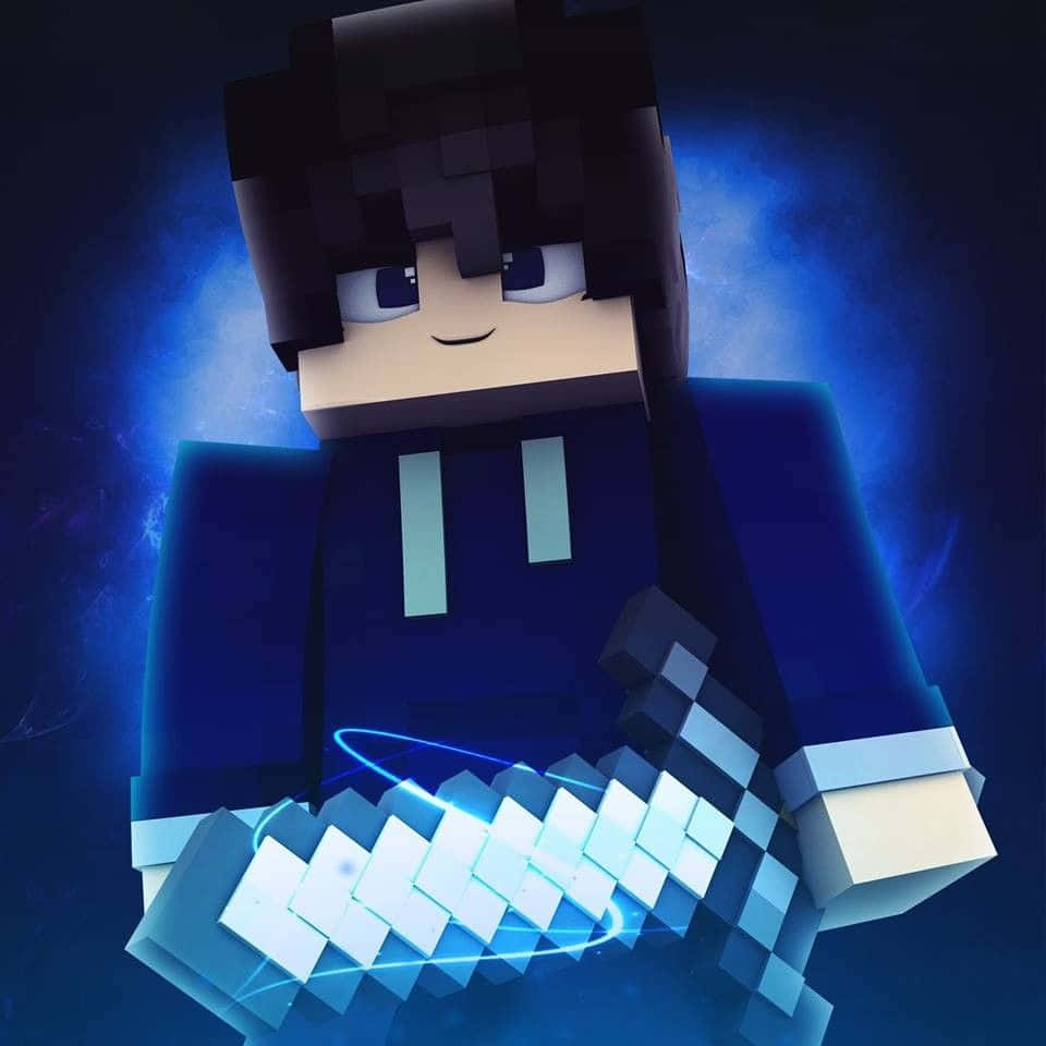 Minecraft Sword 桌布 壁紙 — 一個像素化的Minecraft角色，深色頭髮，藍色眼睛，在燦爛的藍色宇宙背景下手持發光的鑽石劍。