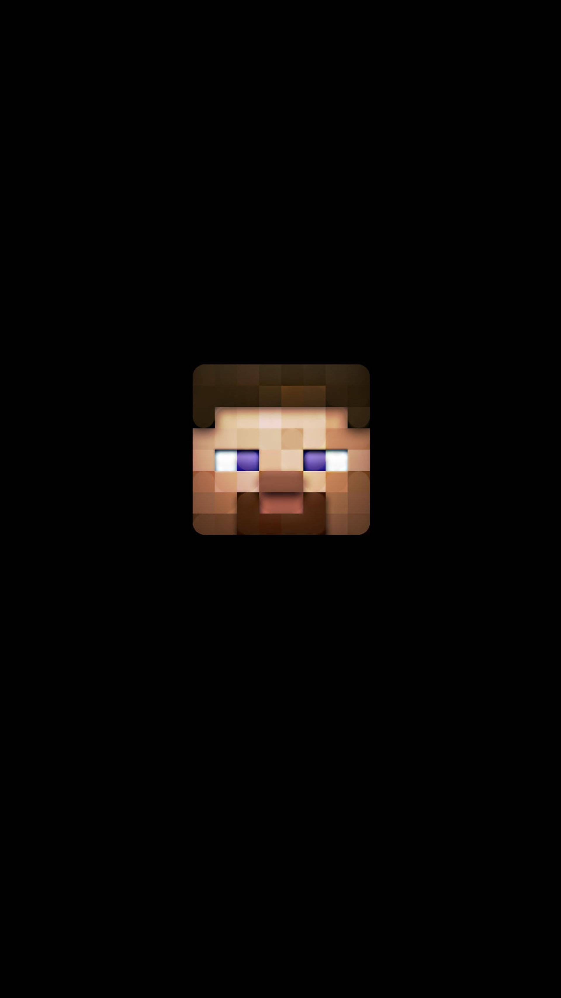 我的世界 史蒂夫 桌布 壁紙 — 一個像素化的Minecraft角色面孔，帶有發光的藍色眼睛，居中在黑色背景上。