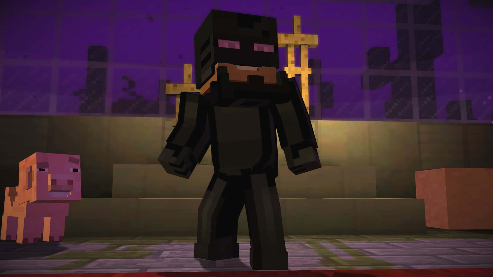 Minecraft Story Mode 桌布 壁紙 — 一個像素化的Minecraft角色，眼睛發光，站在一隻粉紅豬旁邊，處於一個昏暗的方塊房間，天空是紫色的。
