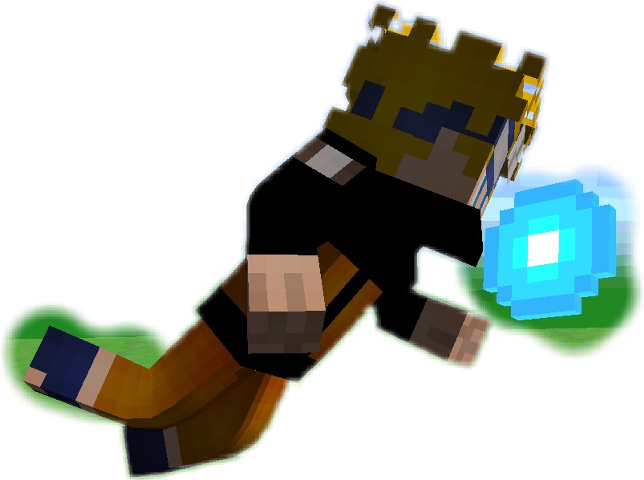 螺旋丸 桌布 壁紙 — 一個像素化的Minecraft角色戴著皇冠，在黑色背景前動態跳躍，手持發光藍色球體。
