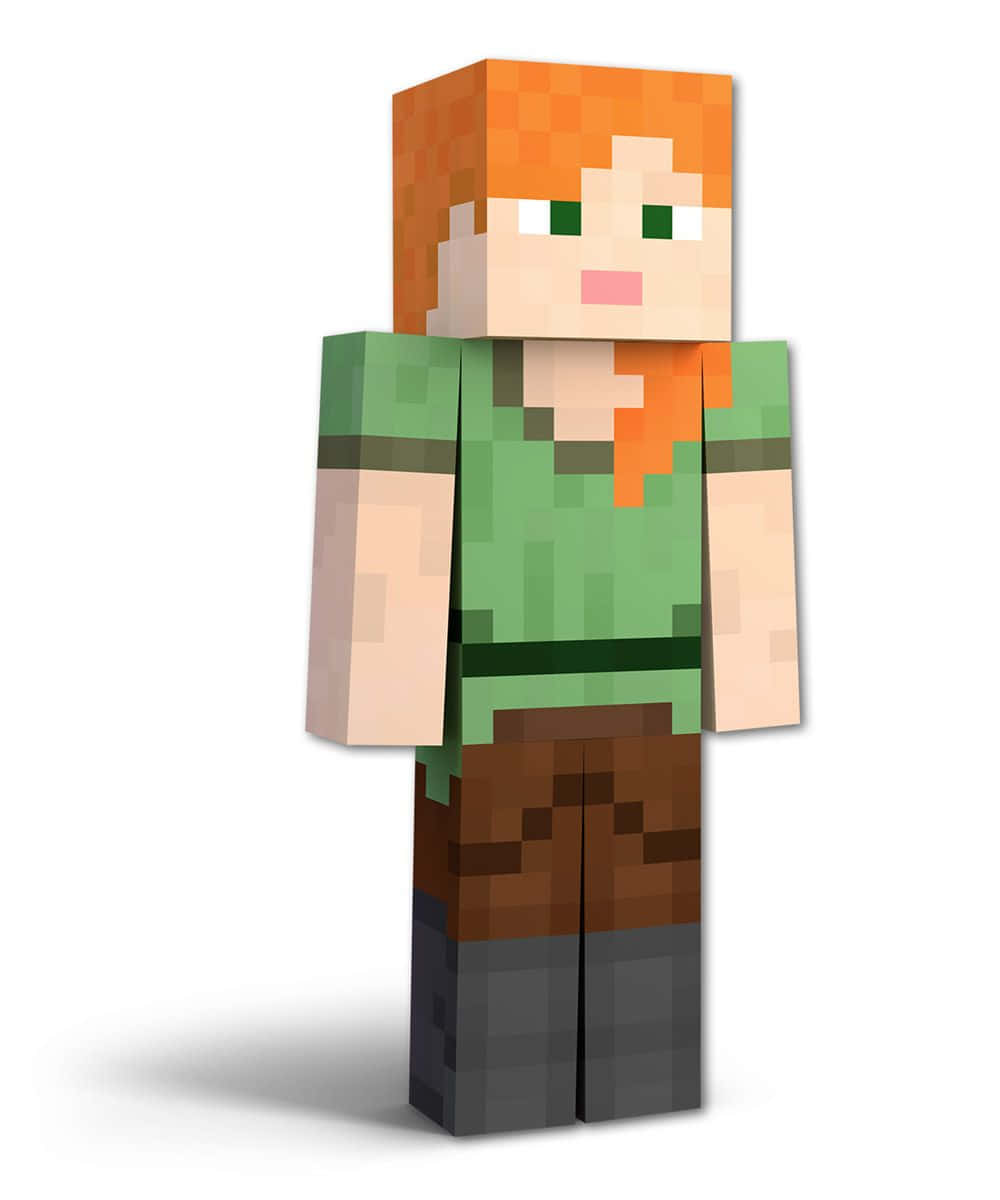 Minecraft Characters 桌布 壁紙 — 一個像素化的Minecraft角色，橙色頭髮、綠色襯衫和棕色褲子，站在白色背景前。