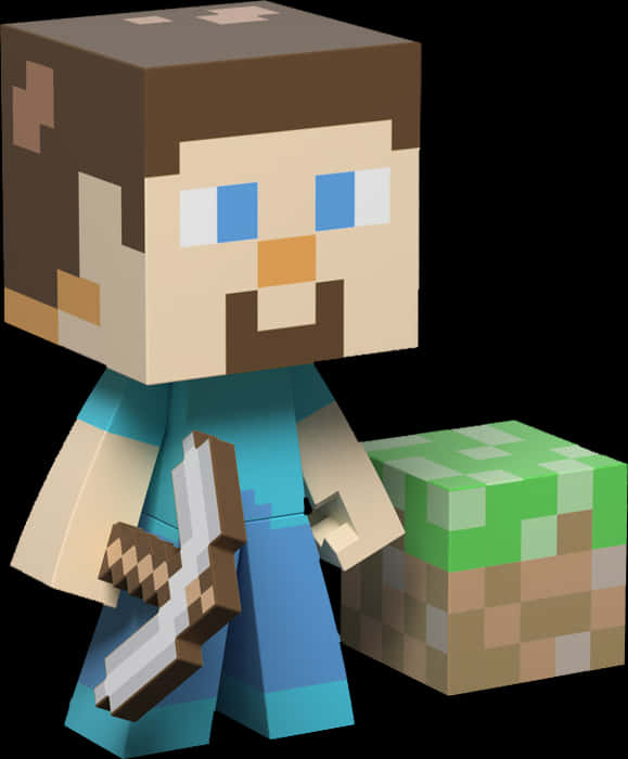 Minecraft Character 桌布 壁紙 — 一個像素化的Minecraft角色，棕色頭髮藍色眼睛，在黑色背景的草地方塊旁邊手持劍。