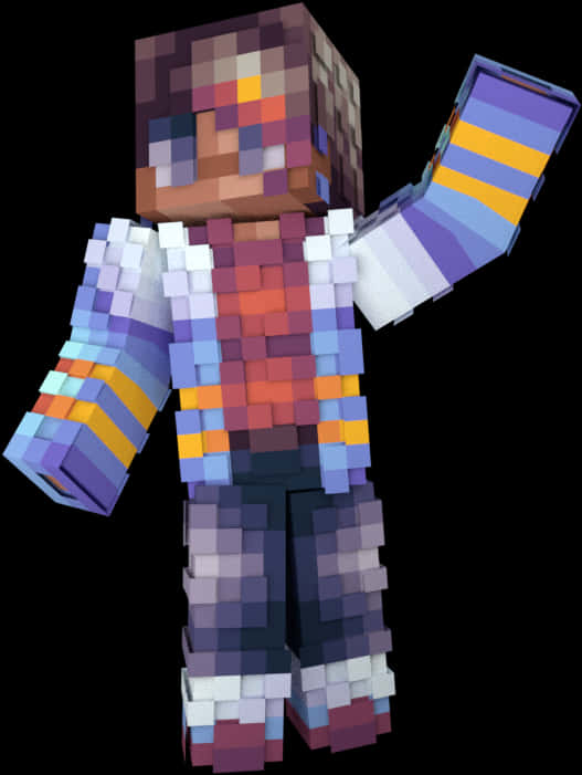 Minecraft Character 桌布 壁紙 — 一個像素化的Minecraft角色，穿著彩虹條紋袖子，擁有色彩繽紛的方塊臉，站在黑色背景前。
