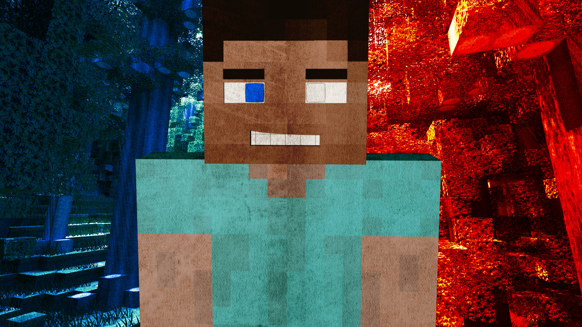 電玩遊戲 桌布 壁紙 — 一個像素化的Minecraft角色站在清涼的藍色森林和熾熱的紅色地獄景觀之間。