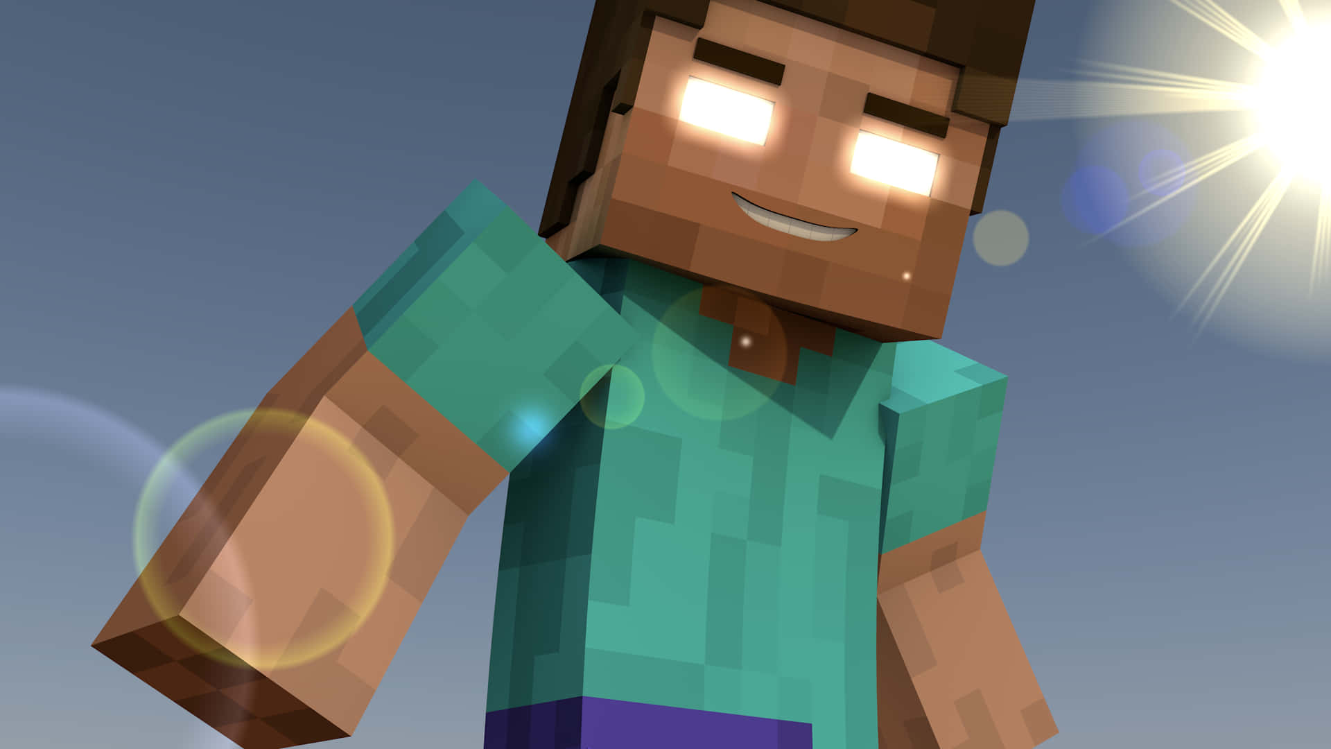 Herobrine 桌布 壁紙 — 一個像素化的Minecraft角色，眼睛發光，在晴朗的藍天下對著明亮的太陽微笑。