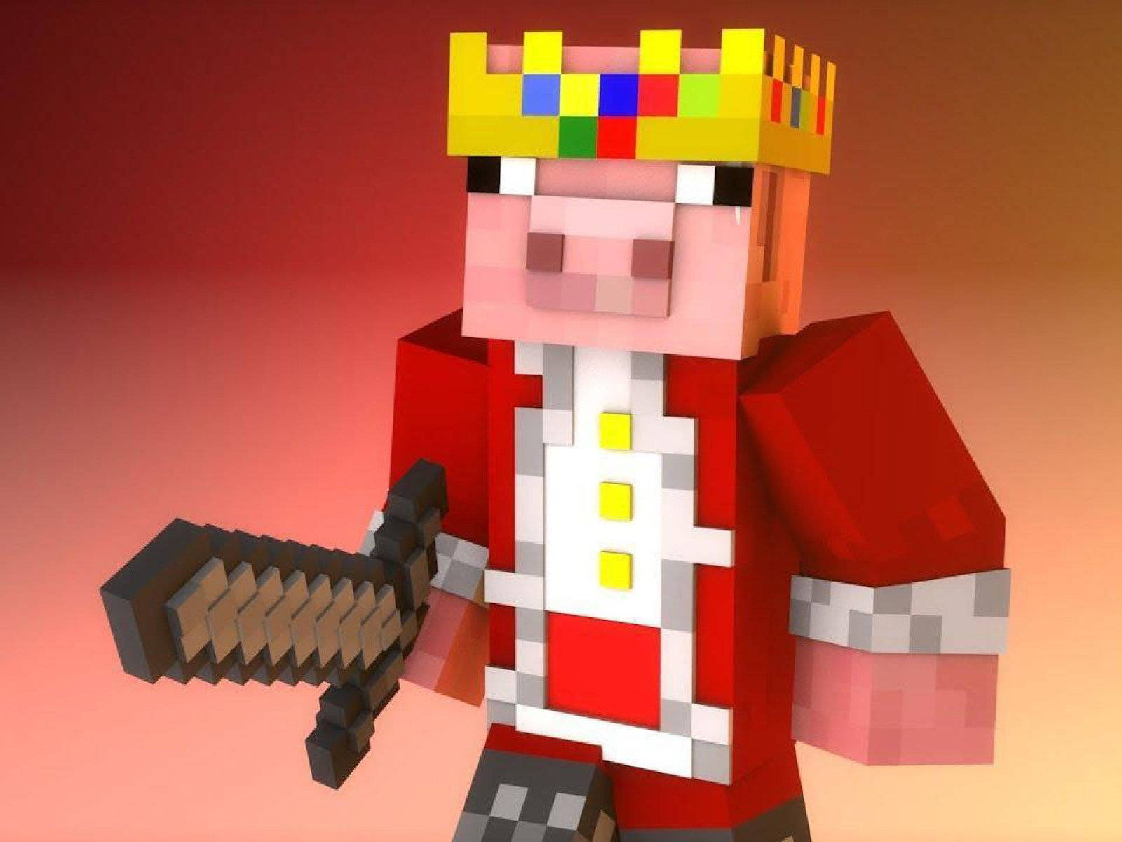 technoblade 桌布 壁紙 — 一個像素化的Minecraft豬角色，戴著色彩繽紛的皇冠和紅色長袍，在溫暖的漸變背景前手持劍。